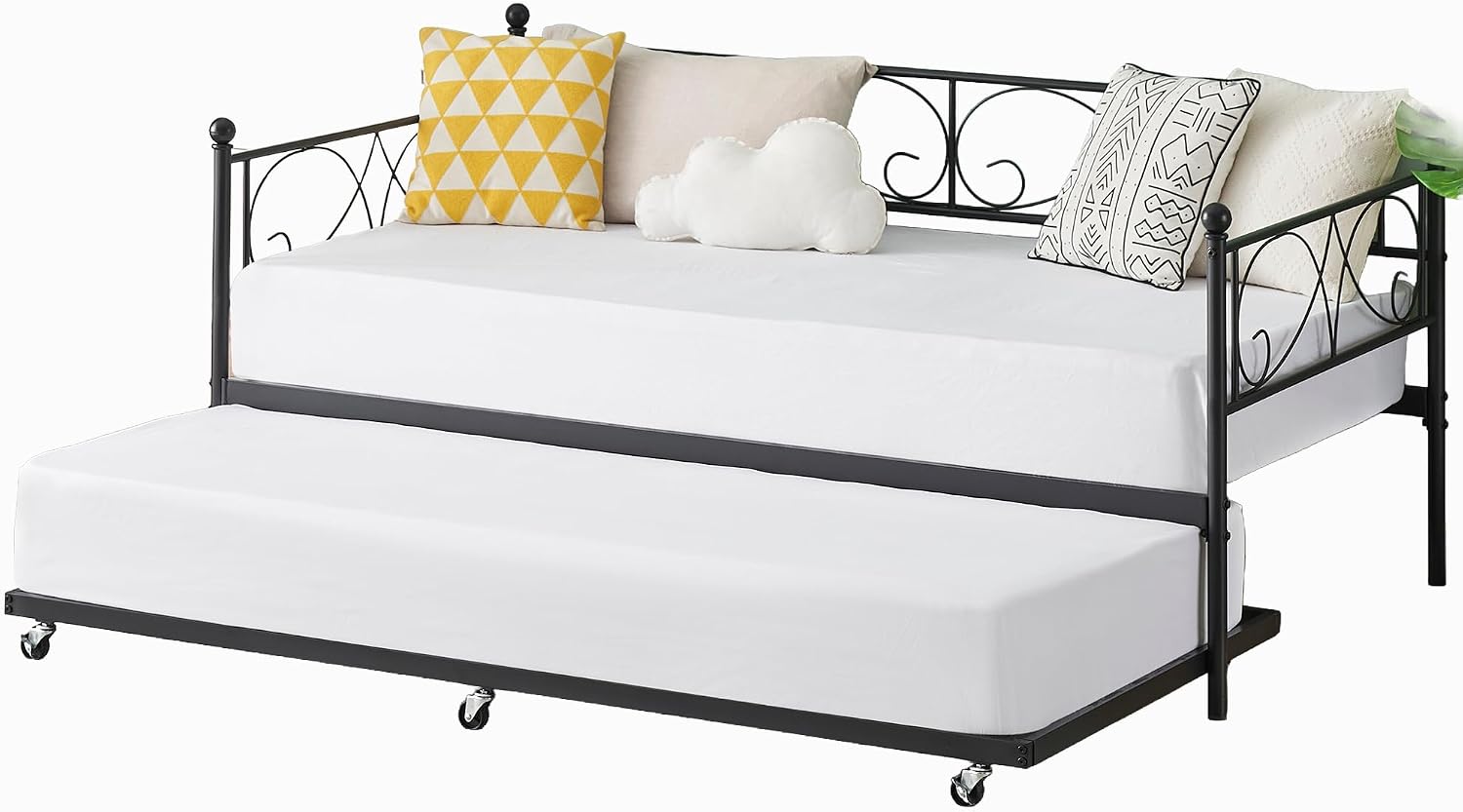 Heavy Duty Twin Daybed with Trundle, Metal Sofa Bed Frame with Floral Headboard & Slats, No Box Spring Needed, Multifunctional Platform Bed for Guest Room, Bedroom,Black