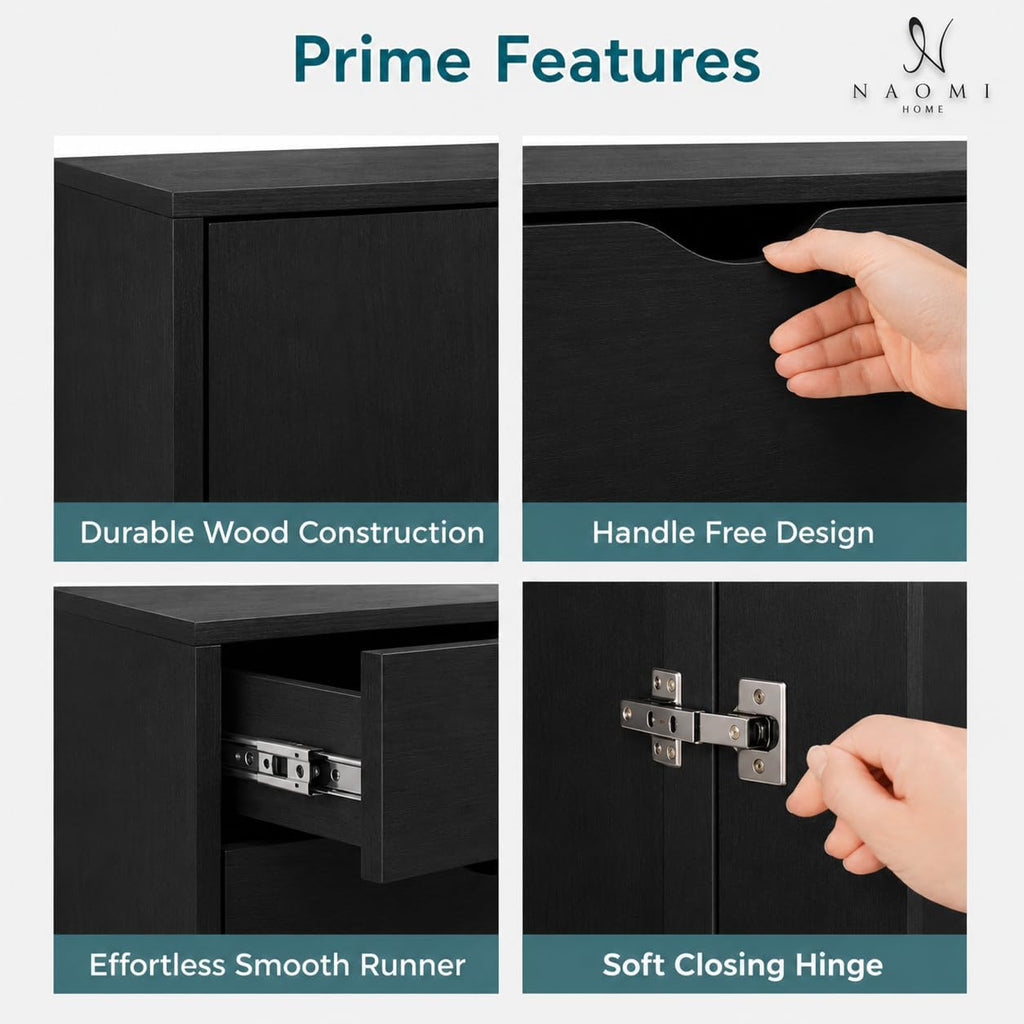Naomi Home Rolling Storage Cabinet with 5 Drawers & Side Cabinet, Engineered Wood Organizer with Shelves, Handle-Free Design & Swivel Casters for Home Office, Kids Room & Entryway - Black