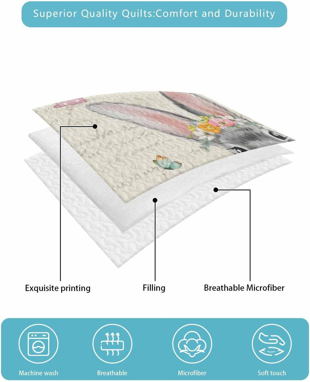 Quilt King Size Bedding Set, Easter Lightweight Summer Quilt 3 Pieces Bedding Sets, Spring Grey Bunny Colorful Eggs Tree Butterfly Reversible Soft Bedspreads Coverlets with 2 Pillow Shams