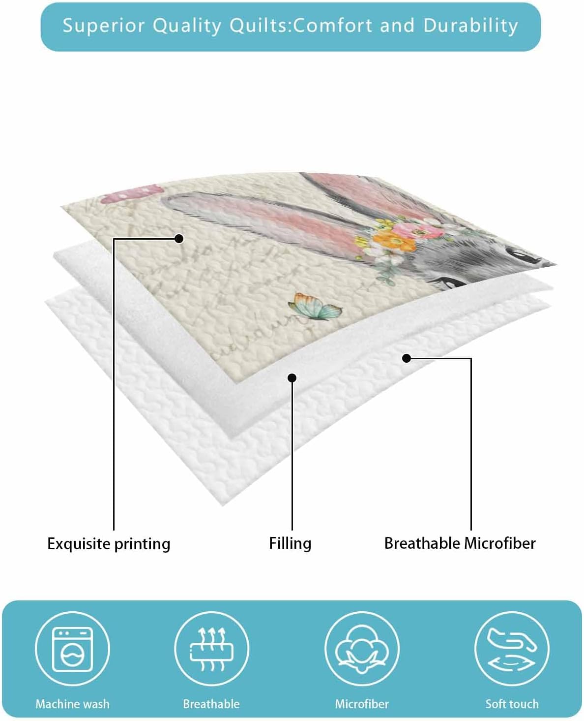 Quilt King Size Bedding Set, Easter Lightweight Summer Quilt 3 Pieces Bedding Sets, Spring Grey Bunny Colorful Eggs Tree Butterfly Reversible Soft Bedspreads Coverlets with 2 Pillow Shams