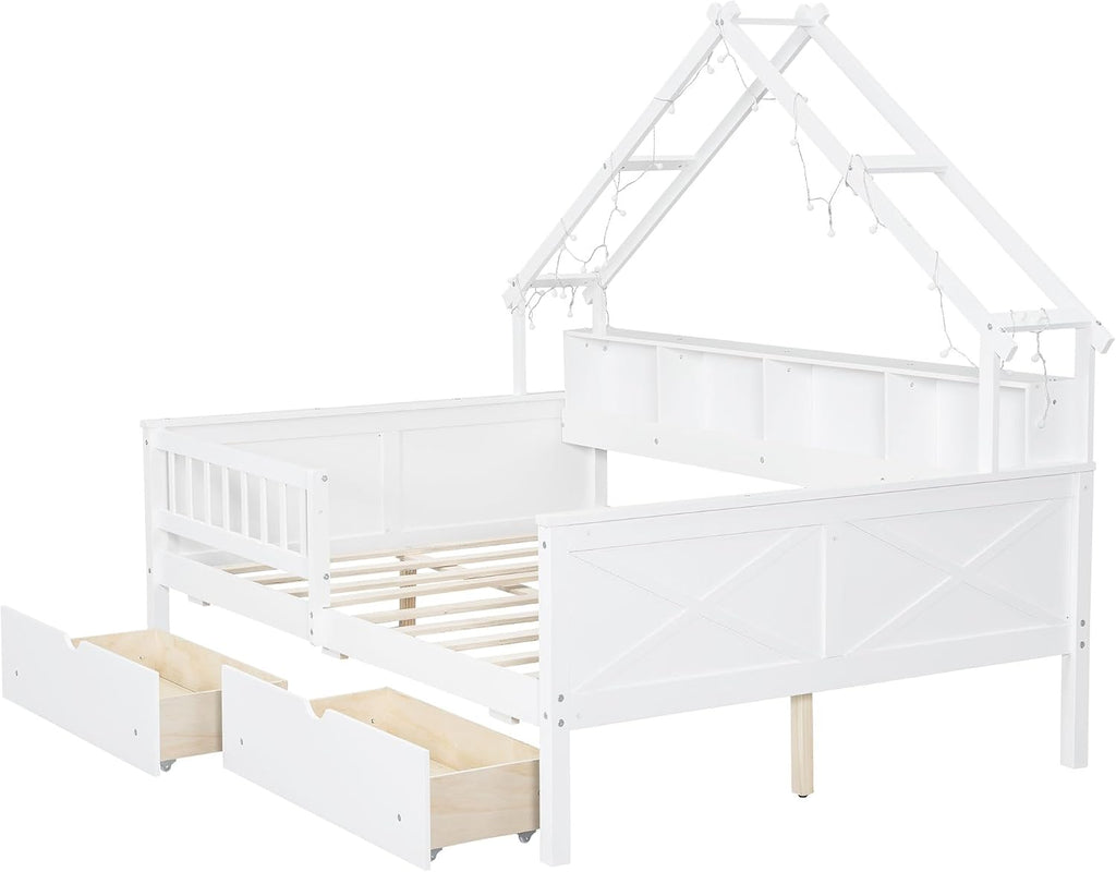 SOFTSEA Full Size House Bed with Storage Drawers, Wood Daybed with LED Lights, Storage Bookshelves, House Platform Bed Frame with Rails and Roof for Kids Boys Girls, White