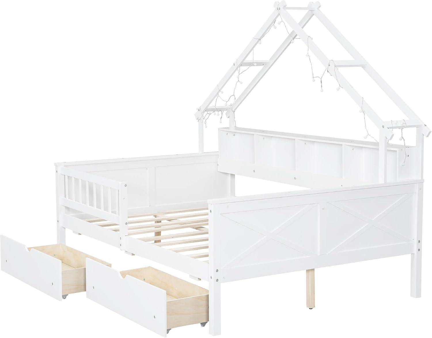 SOFTSEA Full Size House Bed with Storage Drawers, Wood Daybed with LED Lights, Storage Bookshelves, House Platform Bed Frame with Rails and Roof for Kids Boys Girls, White