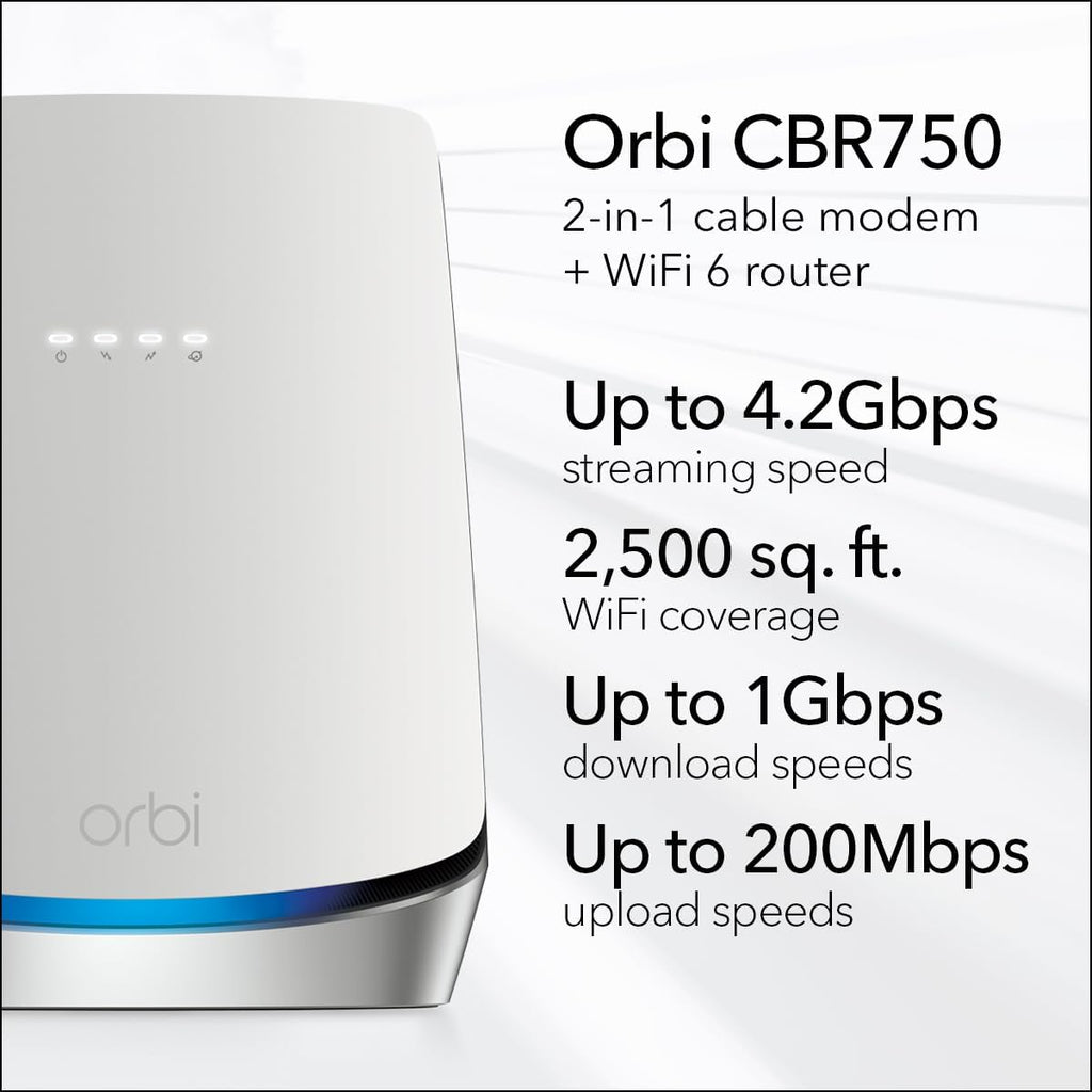 NETGEAR Orbi Tri-Band WiFi 6 Router with DOCSIS 3.1 Built-in Cable Modem (CBR750) – Cable Modem Router - Covers up to 2,500 sq. ft. 40+ Devices - AX4200 (up to 4.2Gbps)