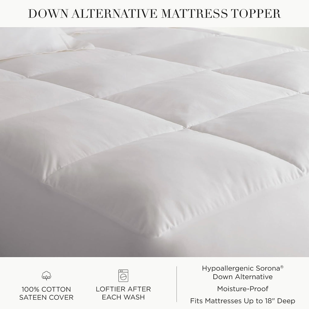 Peacock Alley Down Alternative Mattress Topper Enhancer – 100% Hypoallergenic Mattress Cover, 3' Plush Bed Topper with Soft Quilted Top and 400 Thread Count Cotton Sateen Cover - Twin (White)