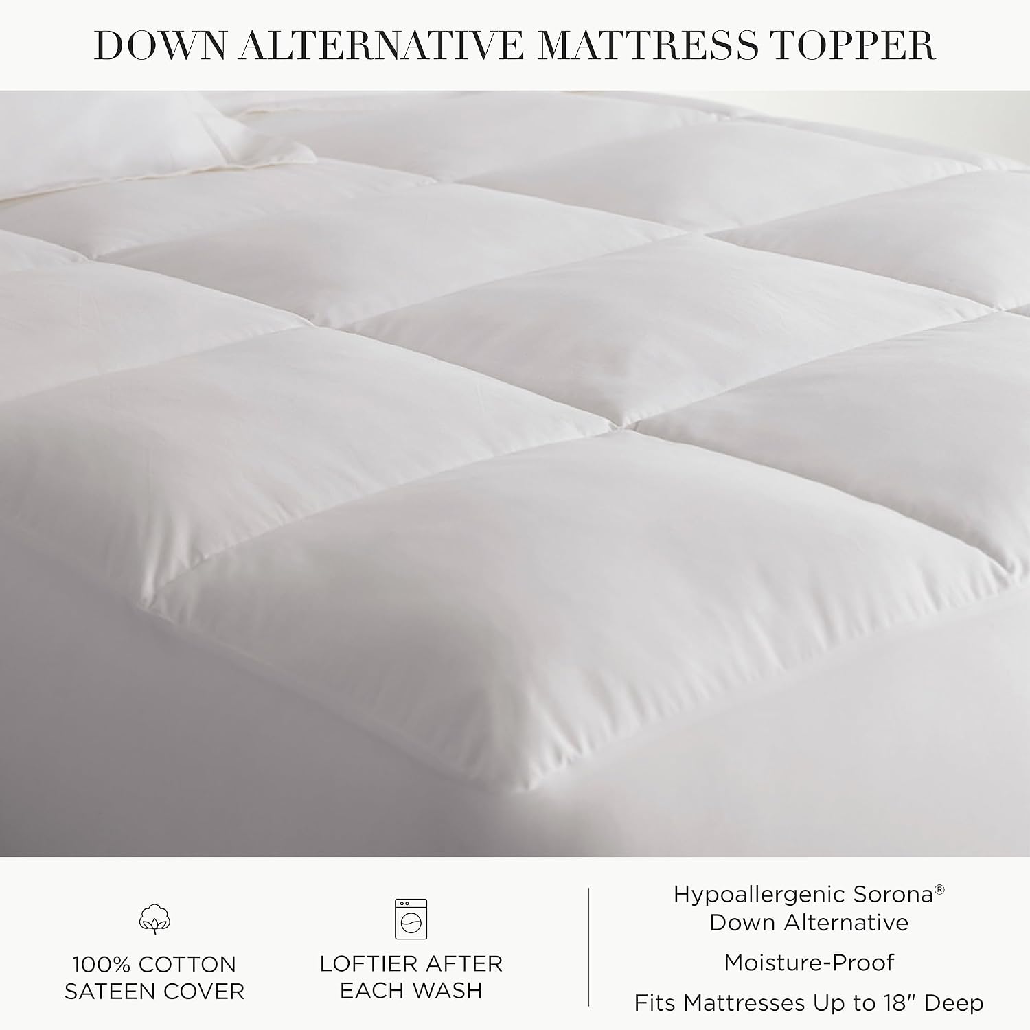 Peacock Alley Down Alternative Mattress Topper Enhancer – 100% Hypoallergenic Mattress Cover, 3' Plush Bed Topper with Soft Quilted Top and 400 Thread Count Cotton Sateen Cover - Twin (White)