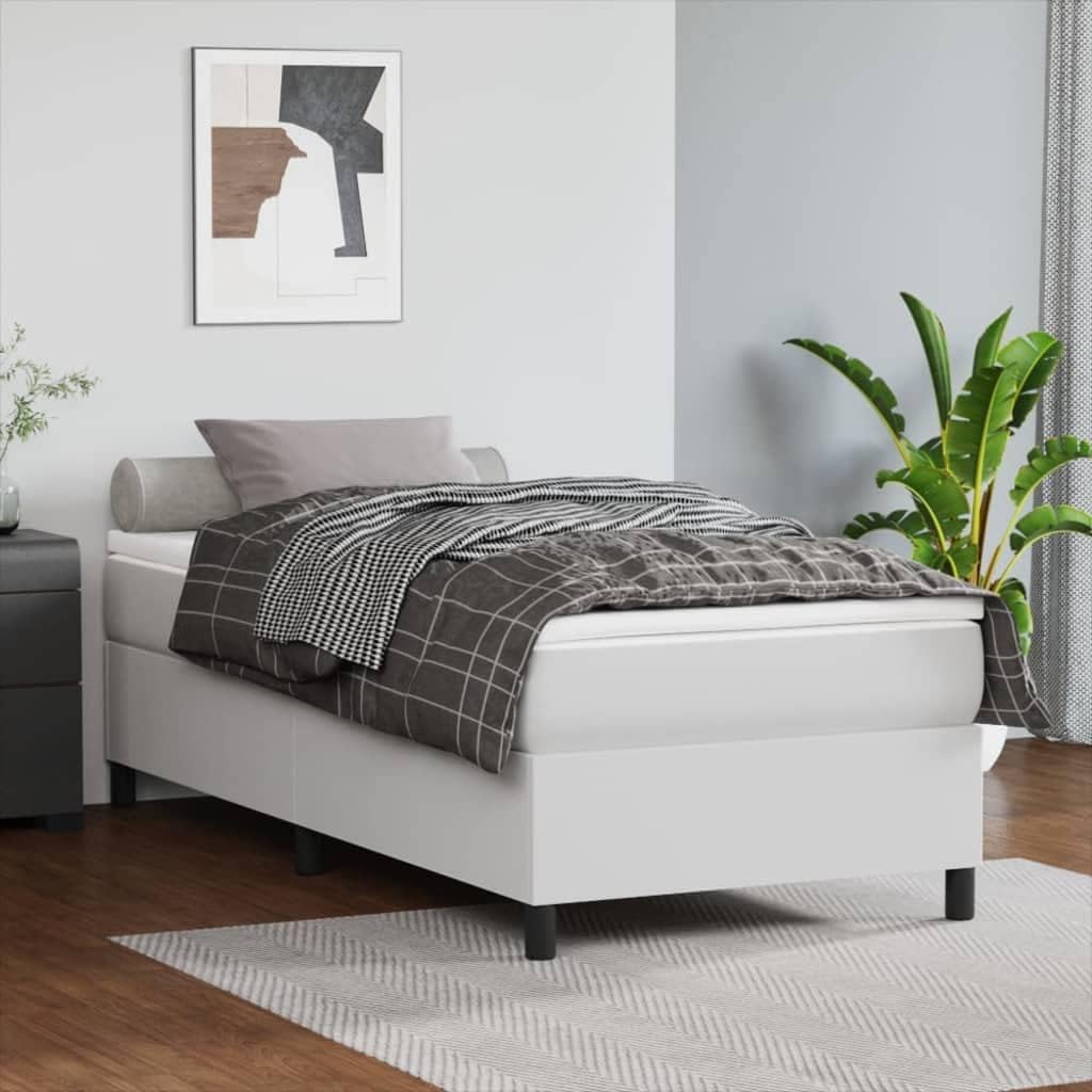 Twin XL Bed Frame White Faux Leather Upholstered Platform Bed with Plywood Slats, Sturdy Bedframe for Bedroom Furniture, No Mattress Included