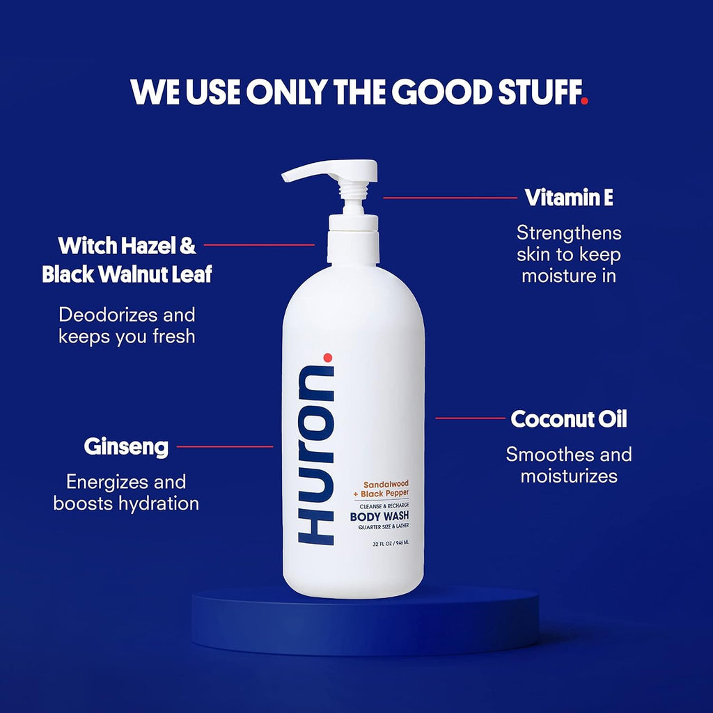 Huron Shower Kit for Men and Women – Shampoo, Conditioner & Body Wash with Sandalwood + Amber Scent, Hydrating, Phthalate-Free, non-toxic Ingredients for Hair & Skin Care, 30.3 fl oz (Pack of 3)