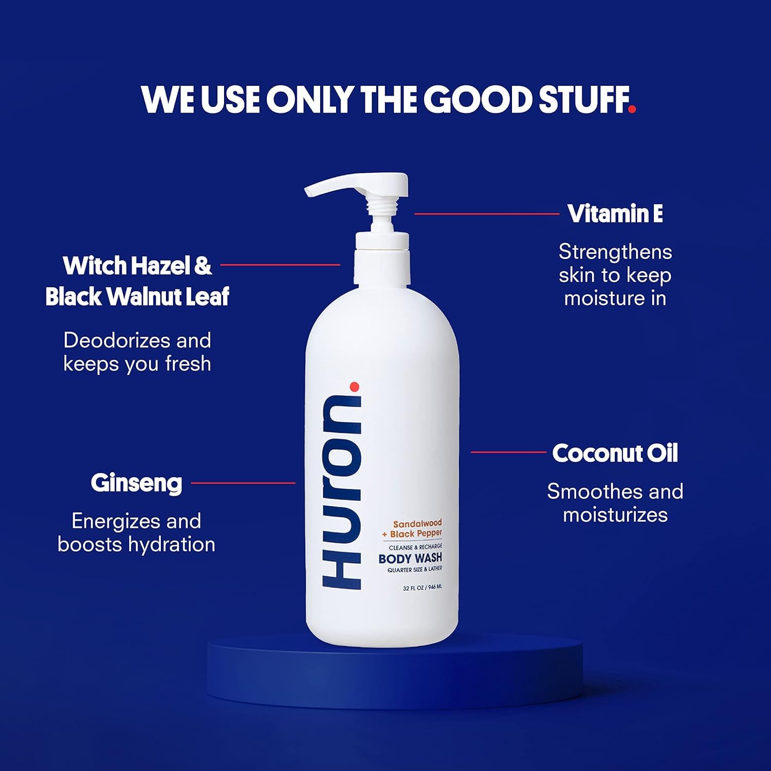 Huron Shower Kit for Men and Women – Shampoo, Conditioner & Body Wash with Sandalwood + Amber Scent, Hydrating, Phthalate-Free, non-toxic Ingredients for Hair & Skin Care, 30.3 fl oz (Pack of 3)
