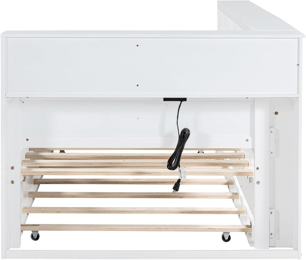 Modern Twin Size Daybed with Trundle, Solid Wood Captain Platform Bed with Storage Cabinets and USB Ports, Low Floor Bed for Kids Teens Adult Bedroom, Easy Assembly (White-XX115)