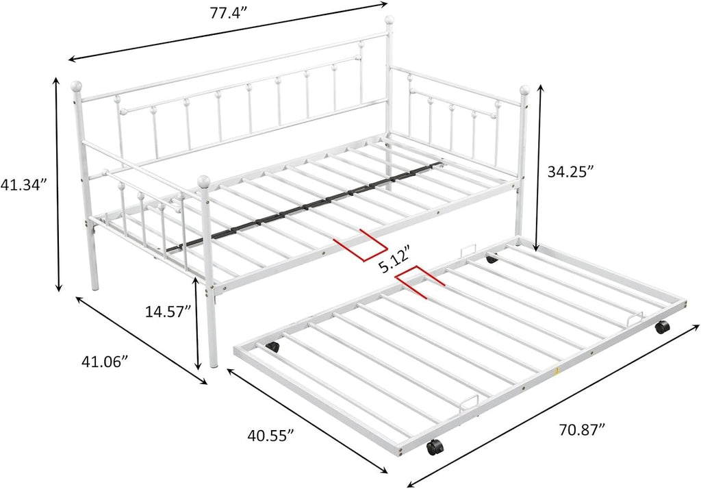 Metal Bed Twin XL, Bed with Trundle Light Grey Metal Bohemian Sofa Bed with Slats Daybed for Teen Adult Bedroom Living Room