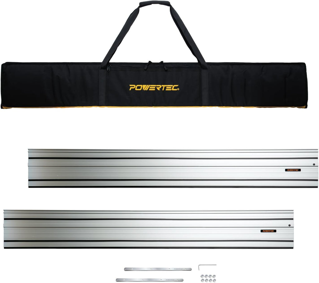 POWERTEC 110' Track Saw Guide Rail Joining Set for Kreg Track Saws, Include 2x55' Extruded Aluminum Guide Rail, 2 Rail Extension Connectors and Protective Carrying Bag (71992)