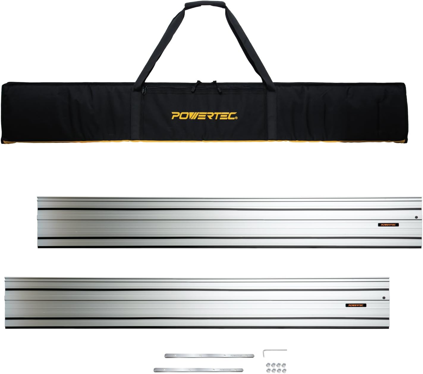 POWERTEC 110' Track Saw Guide Rail Joining Set for Kreg Track Saws, Include 2x55' Extruded Aluminum Guide Rail, 2 Rail Extension Connectors and Protective Carrying Bag (71992)