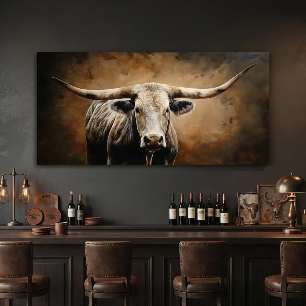 ZESTRILIA Brown Rustic Longhorn Bull Wall Art Modern Canvas Painting Prints Artwork Office Hallway Bedroom Living Room Decor (58x28 Inches)