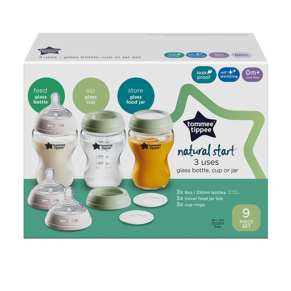 Tommee Tippee Natural Start 9oz Glass Baby Bottles, Self Sterilizing, BPA & Phthalates Free, 0+ Months, Slow Flow Breast-Like Nipple for a Natural Latch, Travel Jar, Cup Rings, (Pack of 54)