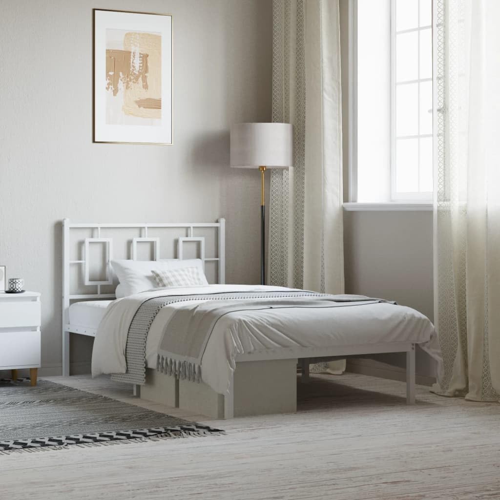 Metal Twin Bed Frame with Headboard White 39.4'x78.7' Platform Bed Frame Sturdy Steel Construction Underbed Storage Space for Bedroom Guest Room