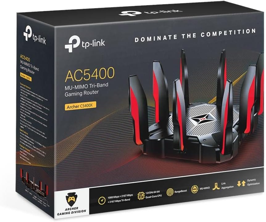 TP-Link AC5400 Tri Band WiFi Gaming Router(Archer C5400X) – MU-MIMO Wireless Router, 1.8GHz Quad-Core 64-bit CPU, Game First Priority, Link Aggregation, 16GB Storage, Airtime Fairness