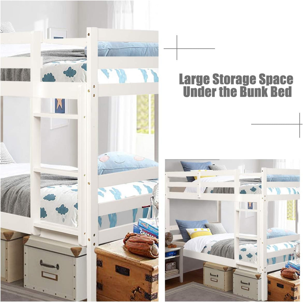 Costzon Twin Over Twin Bunk Beds, Wood Convertible Two Beds, Solid Rubberwood Bunk Bed with 1 Pcs Built-in Ladder and Safety Rails, No Box Spring Needed, Space Saving Bed Frame for Bedroom (White)