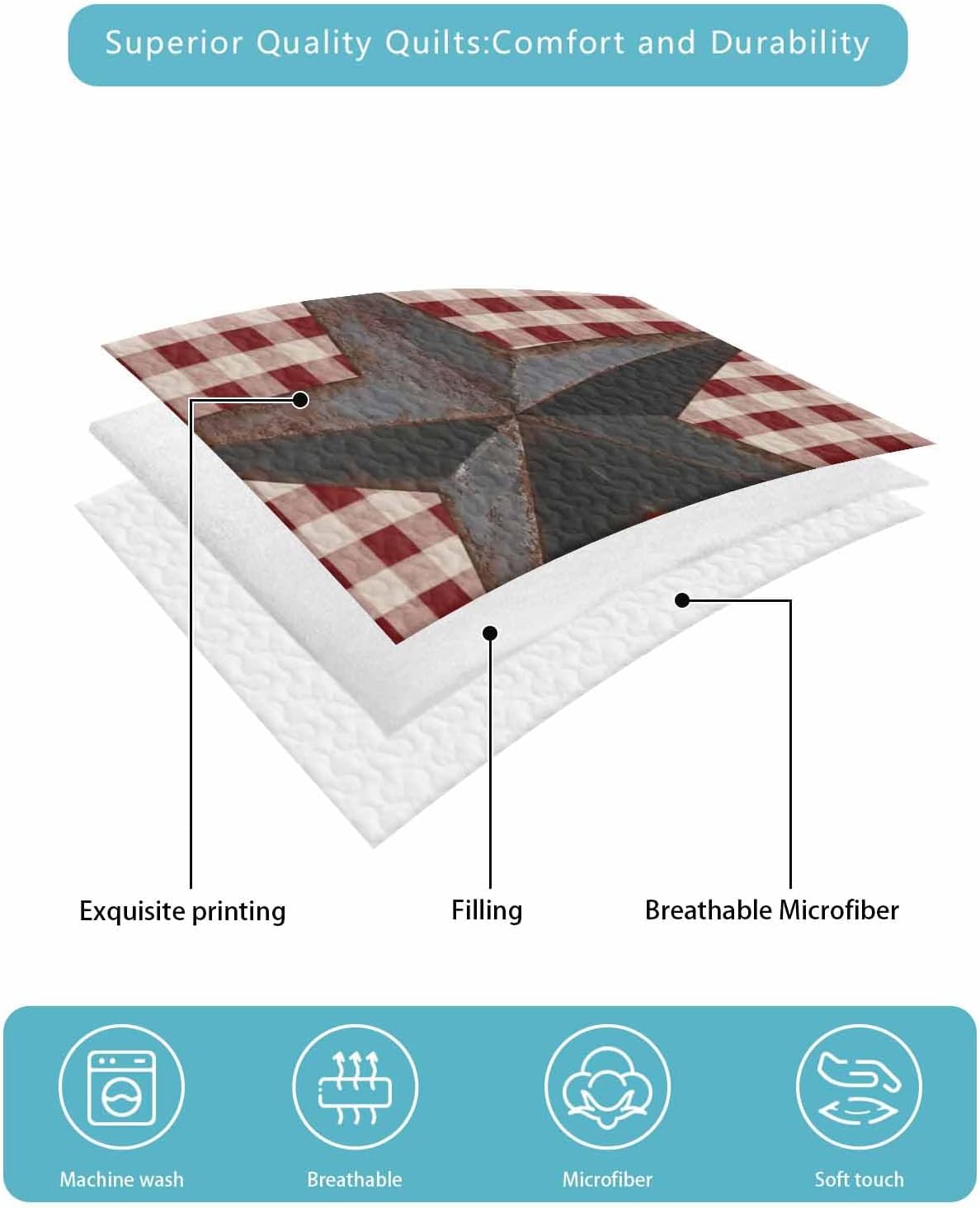 Quilt King Size Bedding Set, Texas Star Farmhouse Lightweight Summer Quilt 3 Pieces Bedding Sets, Rustic Red Plaid Berry Wooden Reversible Soft Bedspreads Coverlets with 2 Pillow Shams for All Season