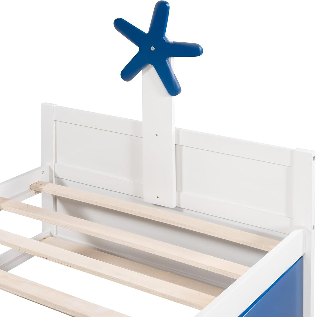 Generic 3 s Bedroom Sets,Twin Size Boat Shaped Platform Bed with Trundle and Two Nightstands,White+Blue, As title
