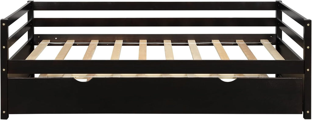 SECOLI Sturdy Wood Twin Size Bed Frame Daybed with Trundle Frame Set, Twin Size, Espresso