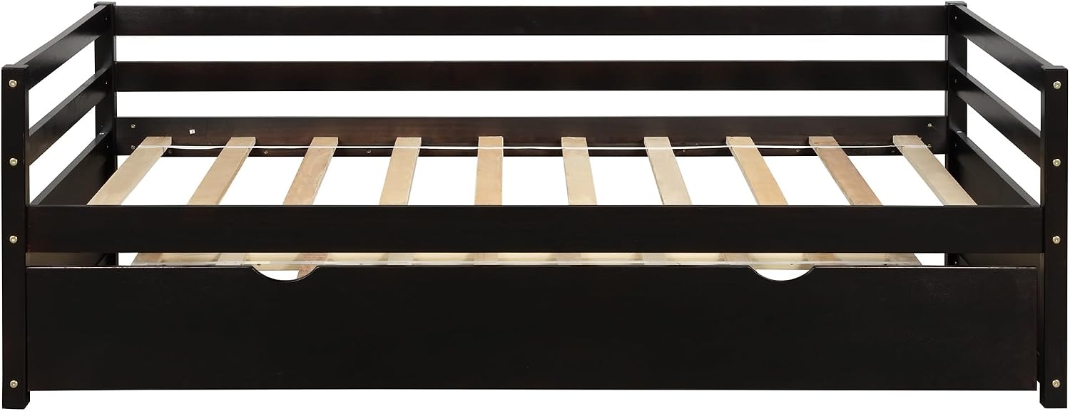 SECOLI Sturdy Wood Twin Size Bed Frame Daybed with Trundle Frame Set, Twin Size, Espresso