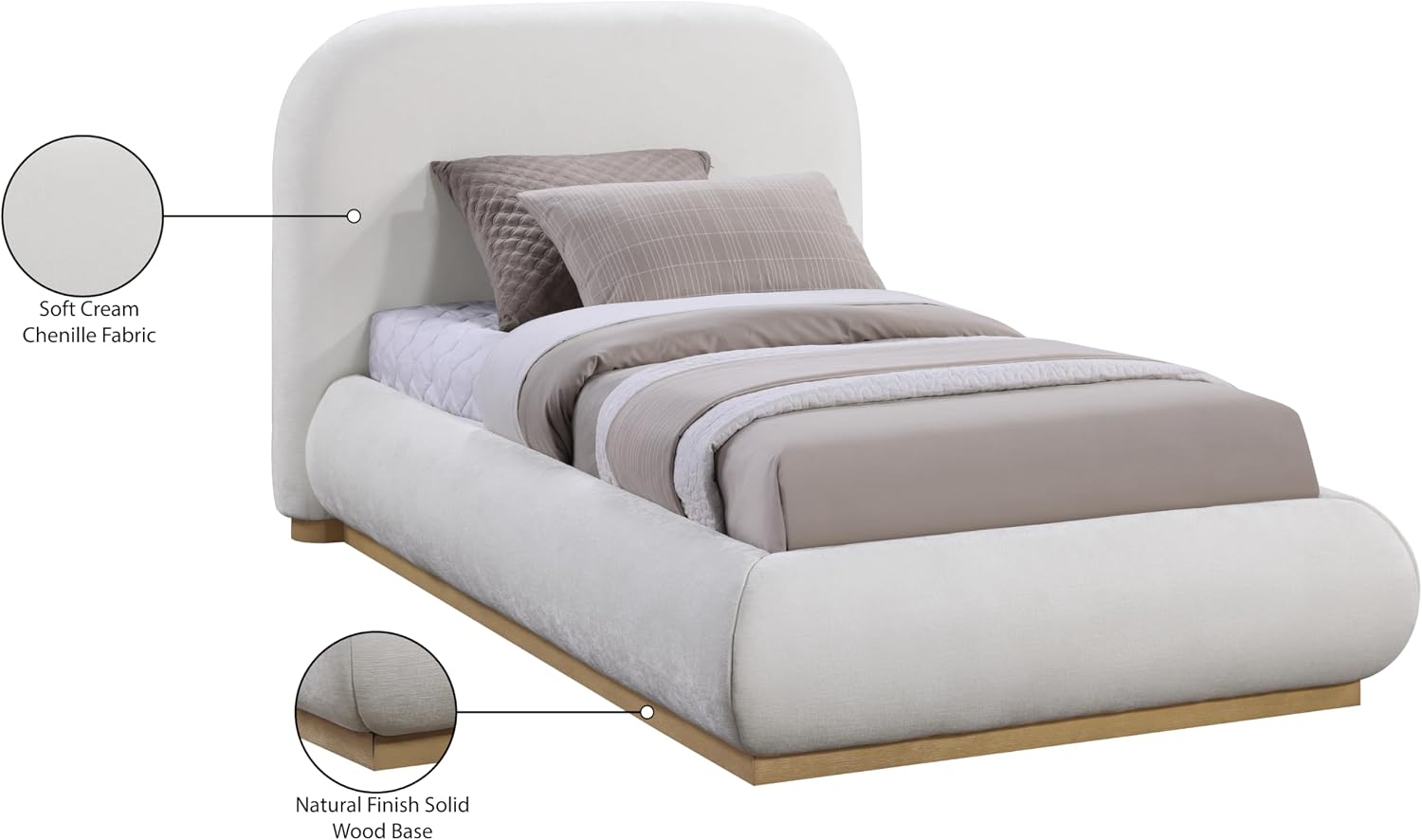 Meridian Furniture B1211Cream-T Vaughn Collection Modern | Contemporary Twin Bed with Soft Cream Chenille Fabric, Natural Finish Solid Wood Base, 52.75' W x 87.75' D x 44.5' H, Cream, Twin