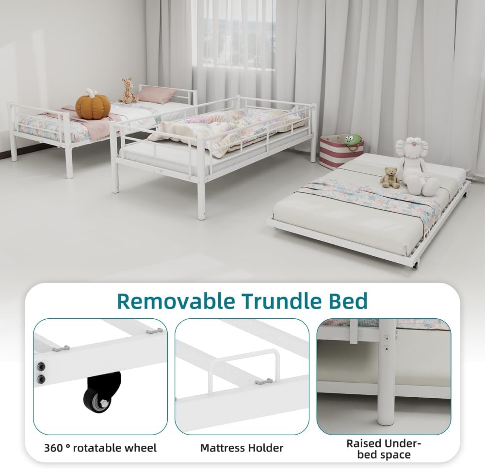 Twin Over Full Metal Bunk Bed, with Ladder & Full-Length Guardrail for Teens Adults, Noise Free (White + Metal + Twin)