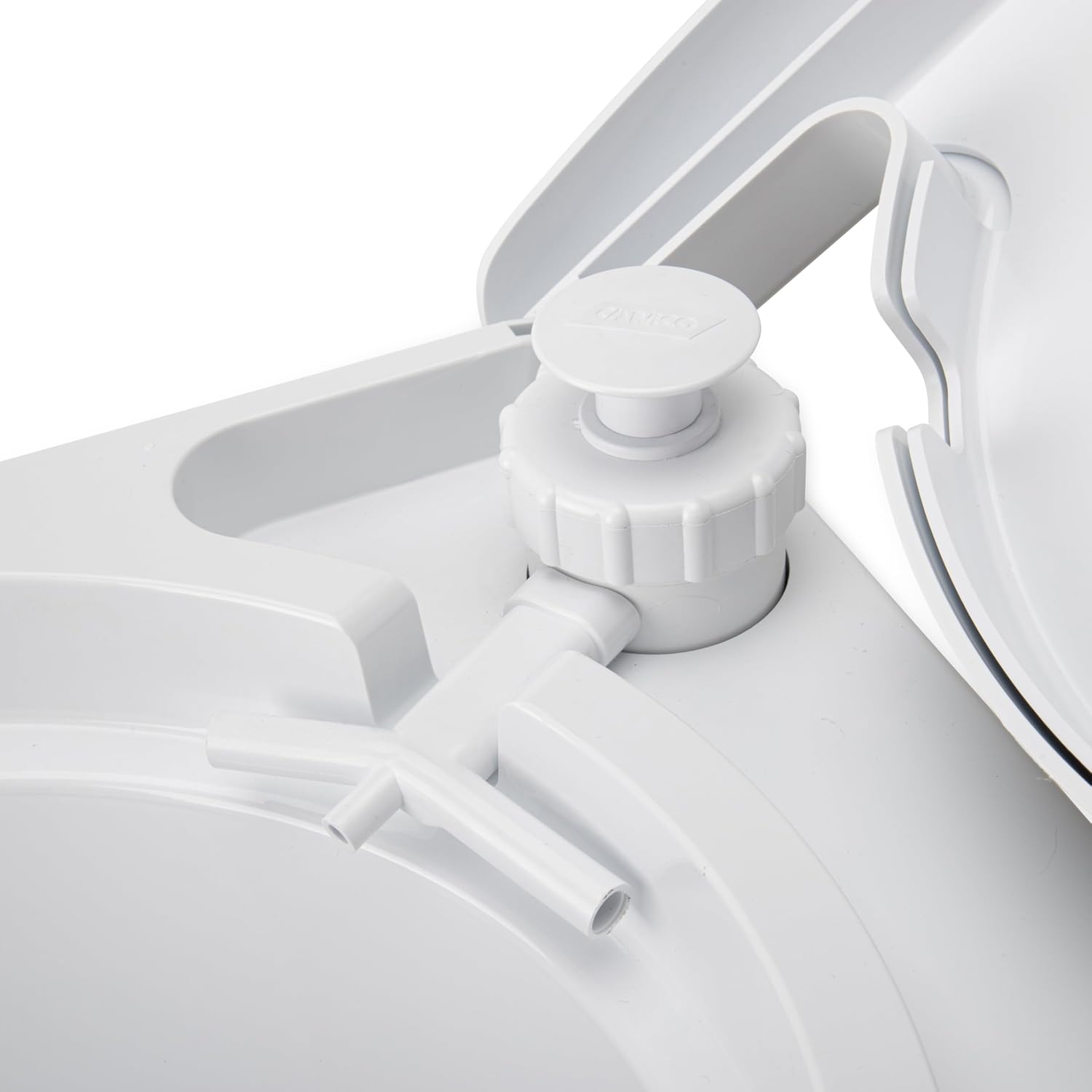 Camco RV Premium Travel Toilet - Features a 5.3-Gallon Detachable Holding Tank, Pump Flush Design & Spring-Loaded Latch (41544)