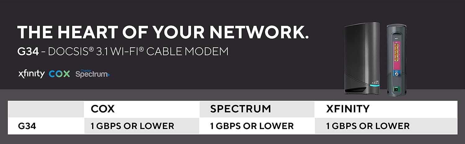 ARRIS Surfboard G34 DOCSIS 3.1 Gigabit Cable Modem & AX3000 Wi-Fi 6 Router, Approved for Cox, Spectrum, Xfinity & Others (Renewed) black