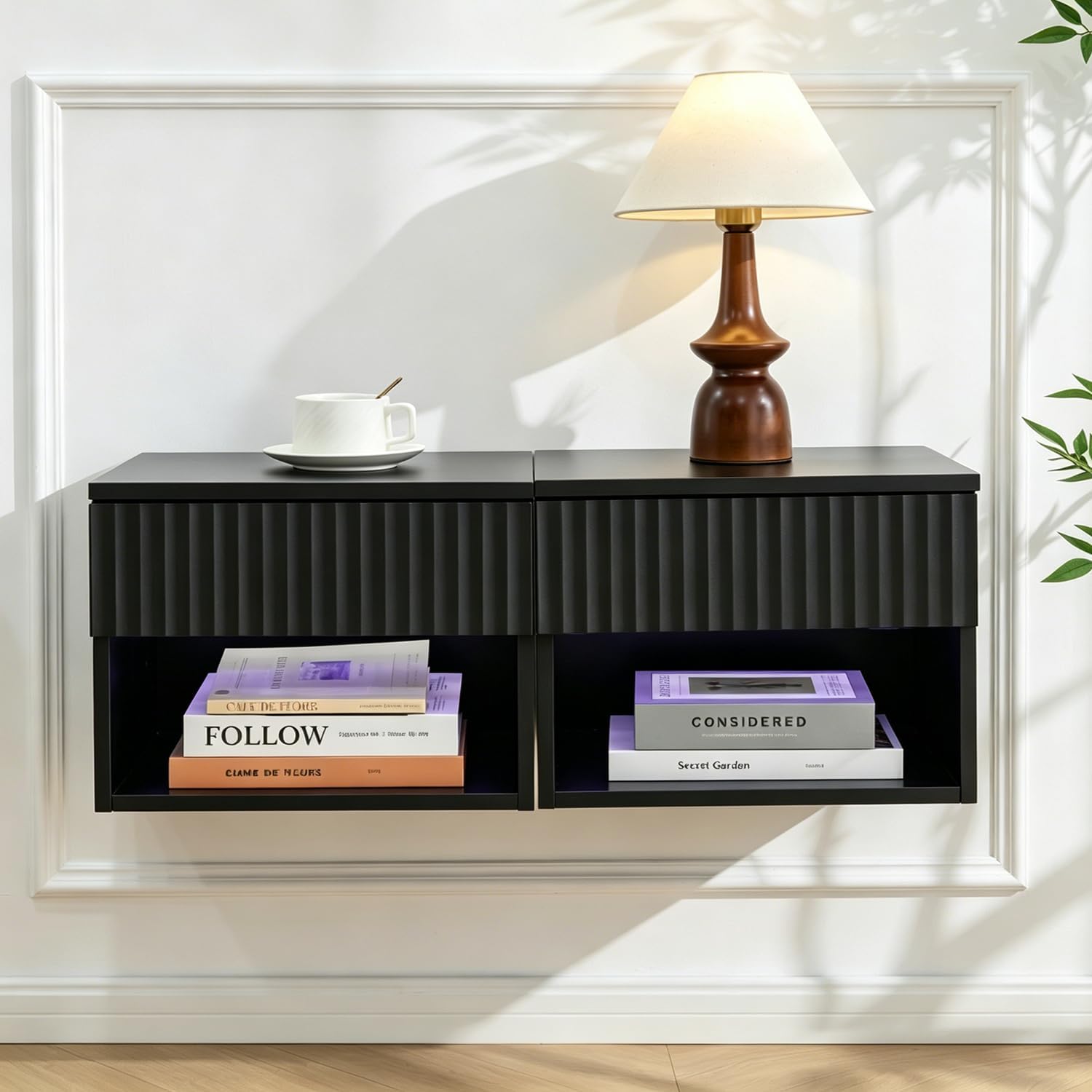 Floating Nightstand Set of 2, Wall Mounted Cabinet with Storage Drawer, Bedroom Bedside Table with LED Light, Modern Night Stand for Dorm Hallway Entryway, Black