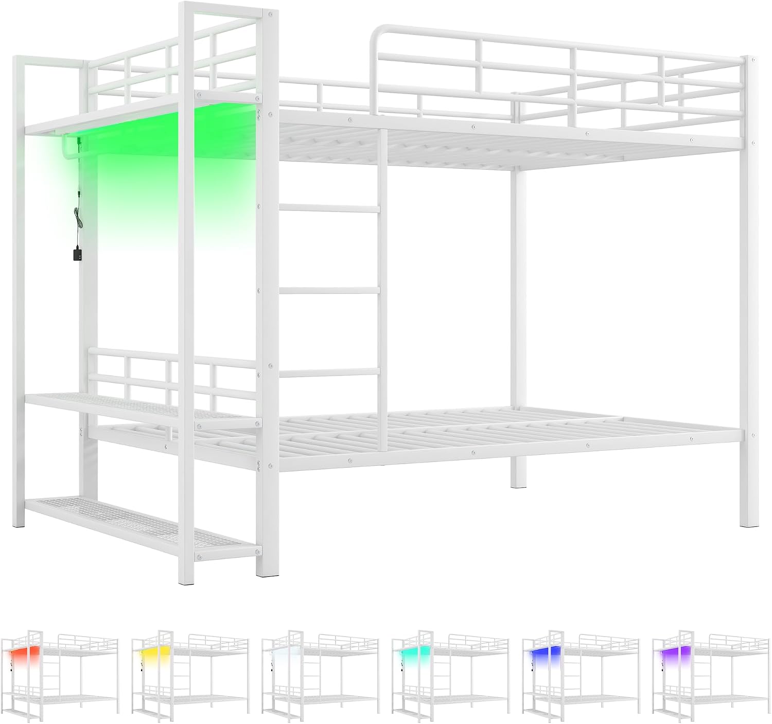 Metal Bunk Bed with Storage Mesh Shelves and Clothes Hooks, Open Storage Shelves, Full Size Bunk Bed with Full-length Reinforced Guardrails for Teens and Adults, No Box Spring Needed (White//96)