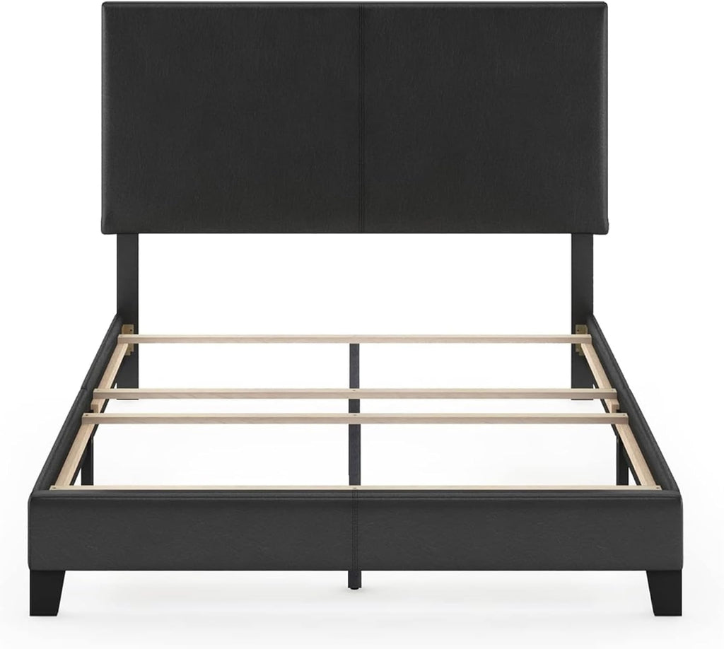 Upholstered Bed Frame Full Size, Modern Platform Bed with PU Leather Headboard & Wood Slat Support, Easy Assembly, Sturdy Bedroom Furniture (Black)
