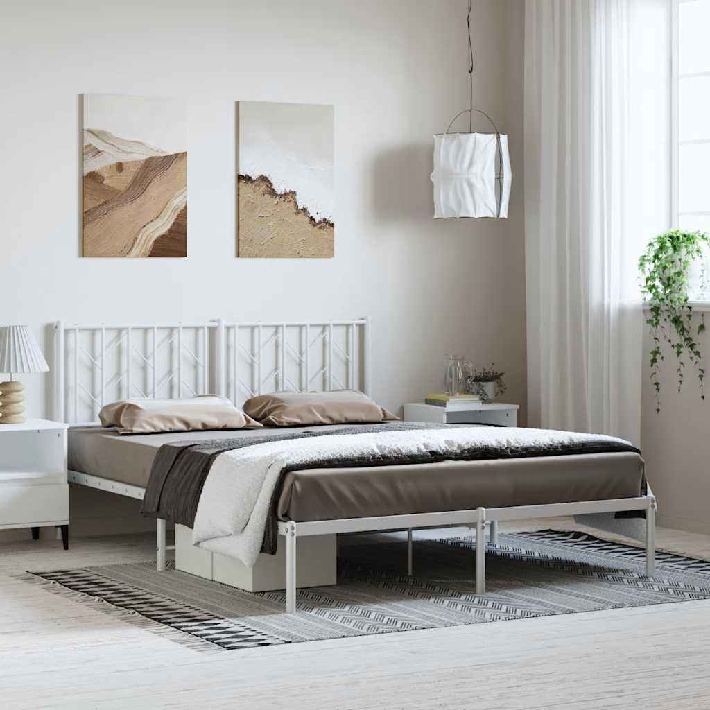 King Size Bed Frame with Headboard 59 x 79 Inches Sturdy Metal Steel Platform Bed Frame Elegant White Powder Coated Finish Easy to Clean Modern Bedroom Furniture for Master or Guest Room