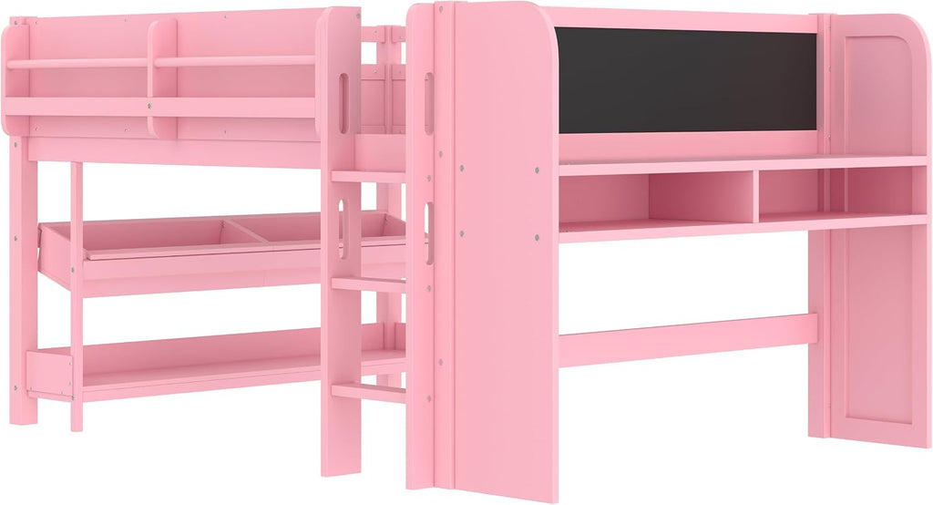 MERITLINE Full Loft Bed with Desk & Blackboard, Twin Multi-Functional Bed with Storage, All-in-One Study & Play Design, Pink