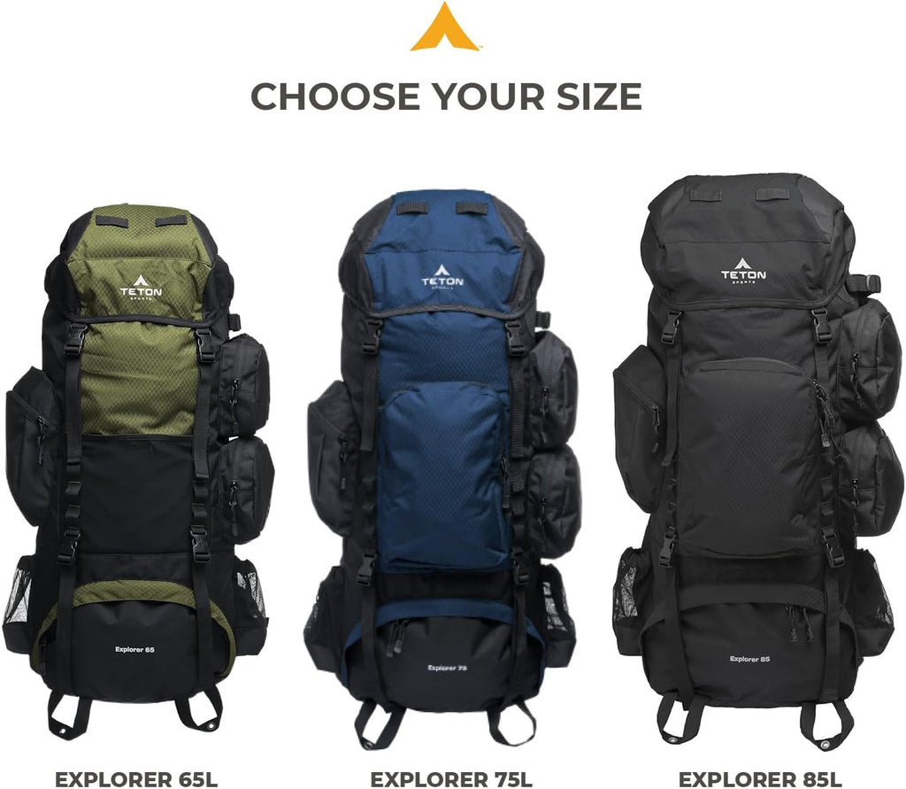 Teton 75L Explorer Internal Frame Backpack for Hiking, Camping, Backpacking, Rain Cover Included, Olive