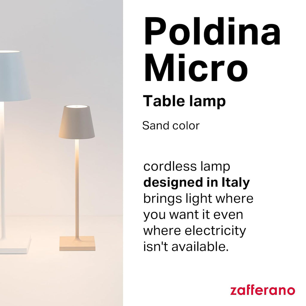 Zafferano, Poldina Micro Lamp, Rechargeable Cordless Table Lamp with Touch Controls, Suitable for Indoor and Outdoor, Dimmer, 2200-3000 K, Height 10.8 Inches, Sand Color