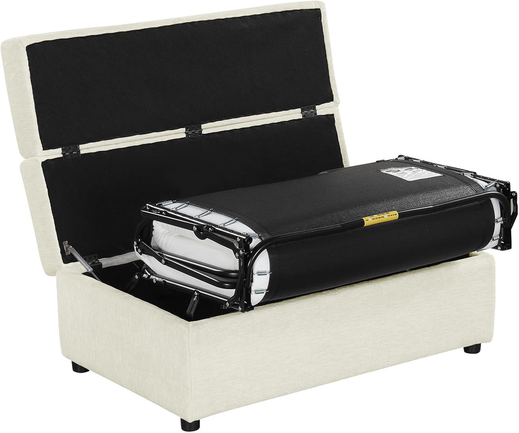 Folding Ottoman Sleeper Bed with Foldable Foam Mattress, Faux Leather Upholstered with Pull Out Bed and Steel Frame Base, Twin Size, for Living Room Bedroom Office (White Chenille)
