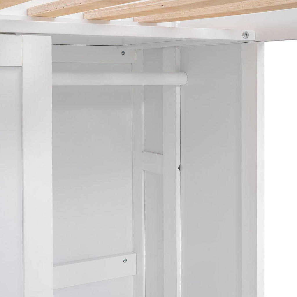Wood Twin Size Loft Bed with Multiple Built-in Desk,Storage Shelves and Wardrobe,for Kids Boys Girls Teens Adults Bedroom (White@Cabinet, Twin)