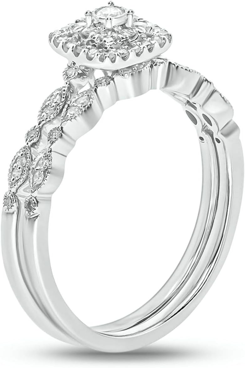 Cali Trove Halo 1/4 Ct Natural Diamonds Engagement Ring with Round Center and Matching Band | 925 Sterling Silver Rings | Bridal Set for Women | Sparkling Wedding Jewelry Style | Elegant Gift for Her