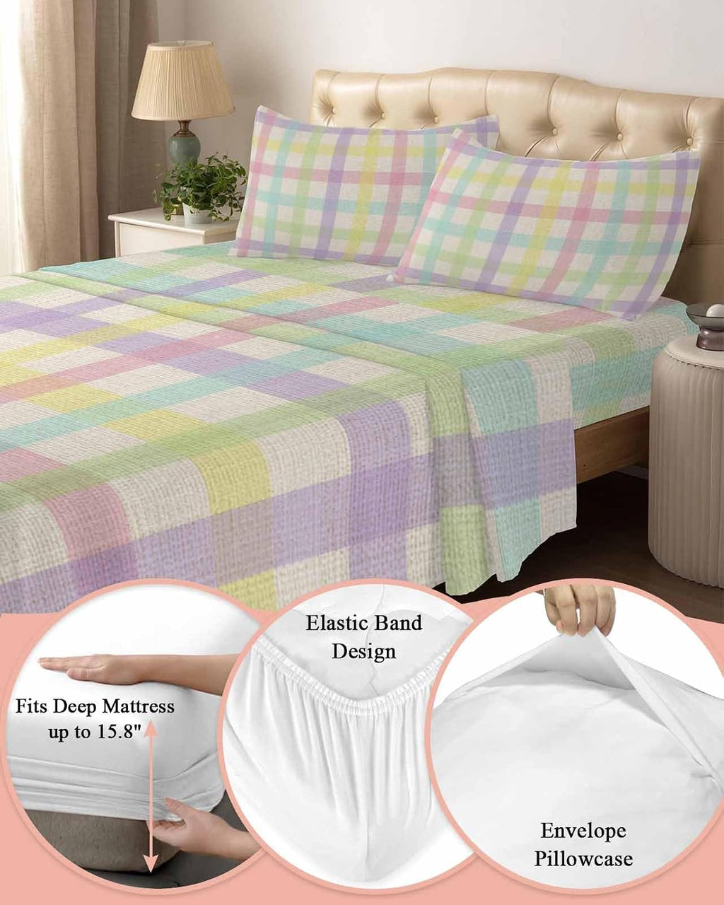 Green Beige Plaid Cal King Sheet Set 4 Piece Bedding - Farmhouse Art Checkered Rustic Breathable Comfy Cooling Bed Sheets & Pillowcase Sets, Hotel Luxury Flat Sheets Deep Pockets Fitted Sheet