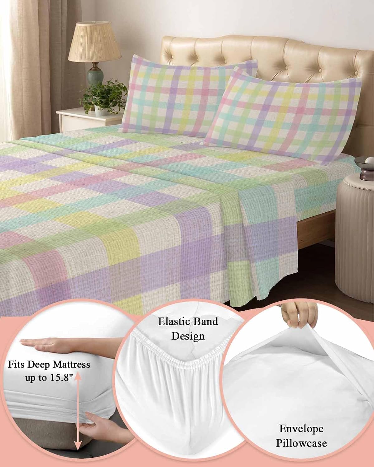 Green Beige Plaid Cal King Sheet Set 4 Piece Bedding - Farmhouse Art Checkered Rustic Breathable Comfy Cooling Bed Sheets & Pillowcase Sets, Hotel Luxury Flat Sheets Deep Pockets Fitted Sheet