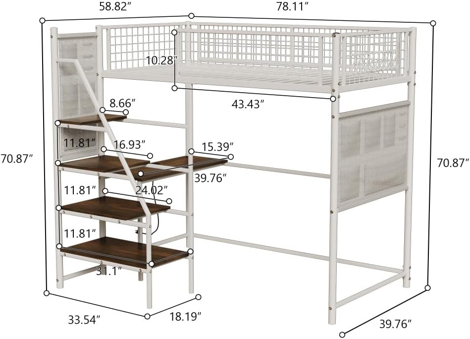 Twin Sized loft Metal Bed with Black for Bedroom and Dormitory, with Built-in Charging Station and LED Lighting (White + Metal & Wood + Bedroom)