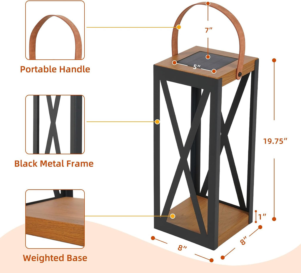 Solar Yard Outdoor Solar Floor Lamp Set of 2, IP65 Waterproof Metal Lantern with 50/100 Lumens & Memory Mode, Solar Patio Light for Porch, Yard & Garden, Large X-Black
