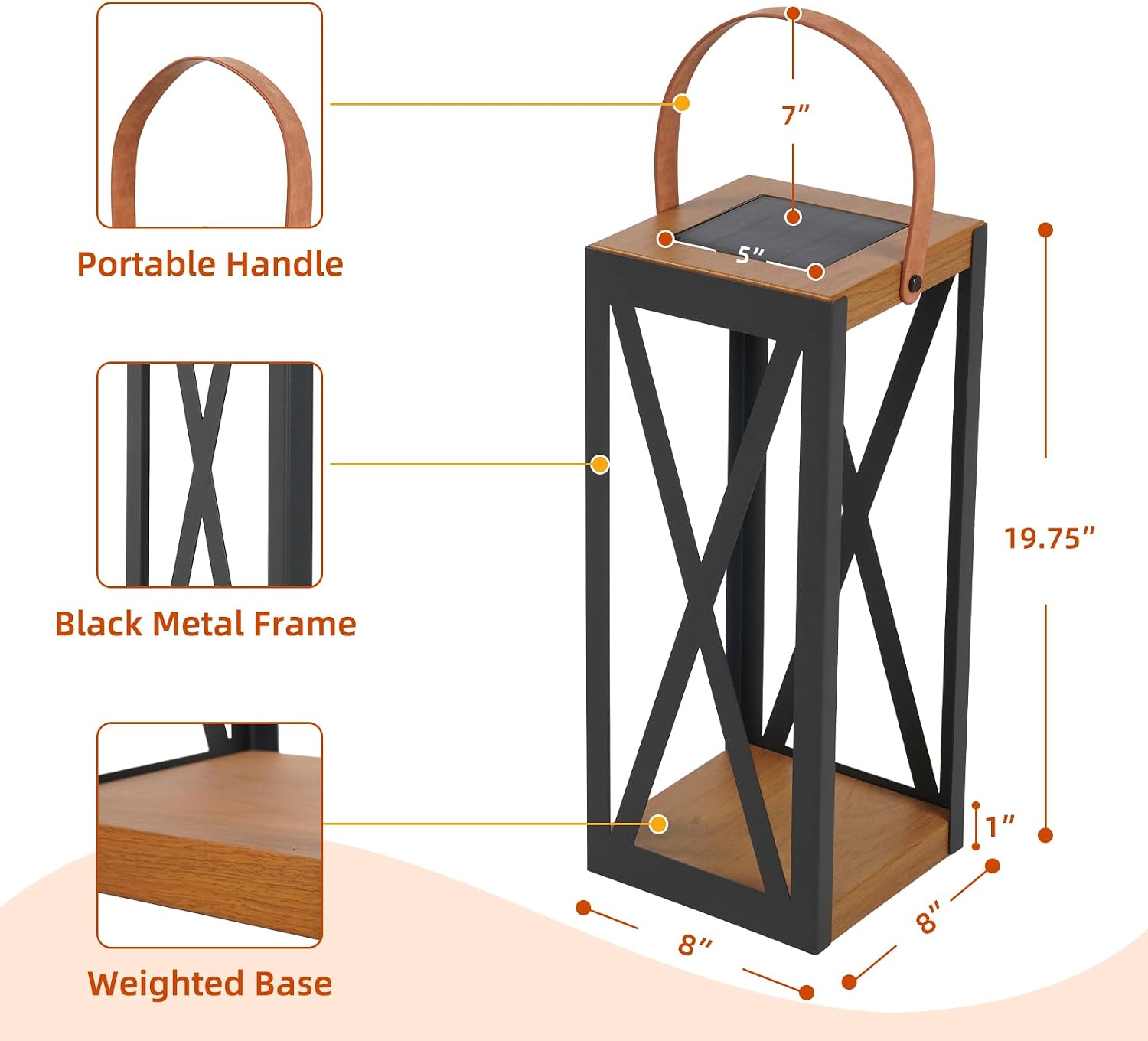 Solar Yard Outdoor Solar Floor Lamp Set of 2, IP65 Waterproof Metal Lantern with 50/100 Lumens & Memory Mode, Solar Patio Light for Porch, Yard & Garden, Large X-Black