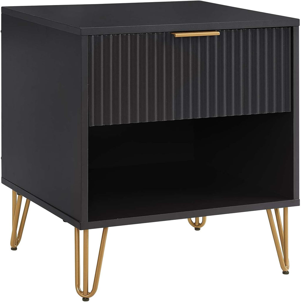Manhattan Comfort Dumbo Fluted Nightstand with Drawer and Open Shelf, Gold Hairpin Legs and Metal Handle, Snap Tool-Free Assembly, Modern Bedside Accent Table for Bedroom, Office, Living Room in Black