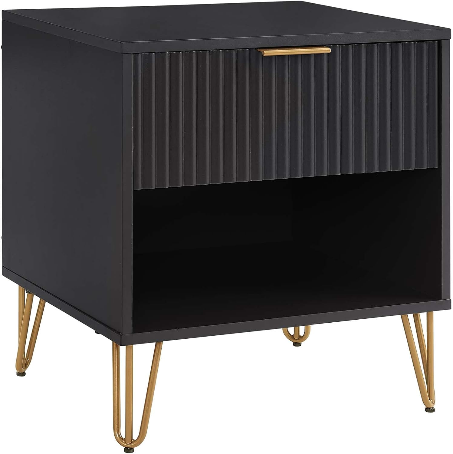 Manhattan Comfort Dumbo Fluted Nightstand with Drawer and Open Shelf, Gold Hairpin Legs and Metal Handle, Snap Tool-Free Assembly, Modern Bedside Accent Table for Bedroom, Office, Living Room in Black