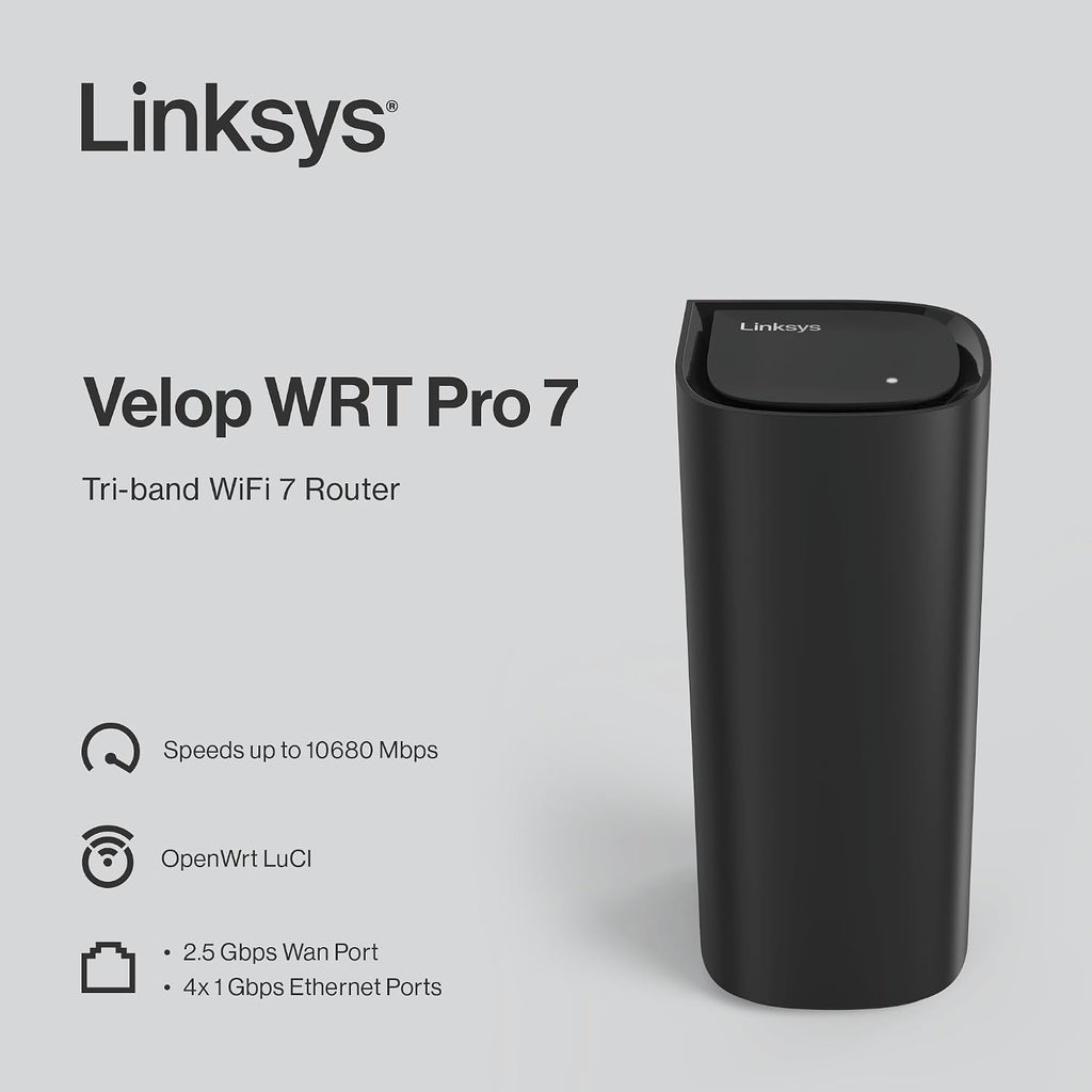 Linksys Velop WRT Pro 7: OpenWrt LuCI Tri-Band Router with Over 10 Gbps Speeds | Whole Home Coverage up to 3,000 sq. ft. | Connect 200+ Devices | 2.5 Gbps Wan Port & 4X 1 Gbps Ethernet Ports