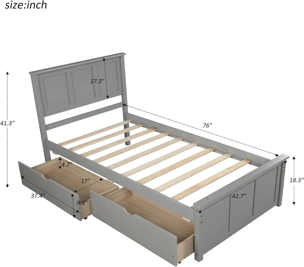 Twin Platform Bed with 2 Drawers and Headboard, Solid Wooden Twin Size Bed Frame with Storage and Wood Slats, Twin Size Platform Bed for Kids,Teens,Adults (Grey)