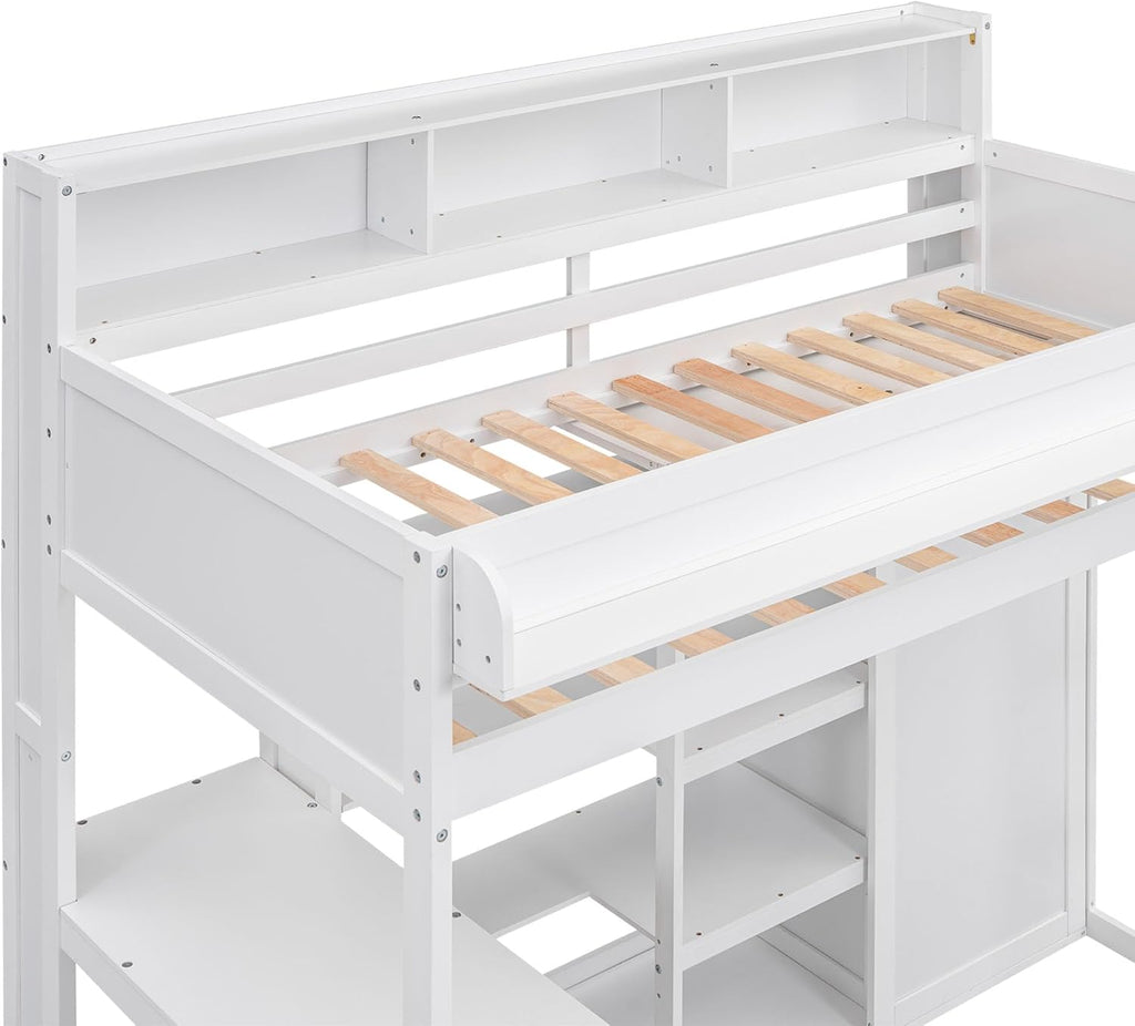 Wood Twin Size Loft Bed with Multiple Built-in Desk,Storage Shelves and Wardrobe,for Kids Boys Girls Teens Adults Bedroom (White@Cabinet, Twin)