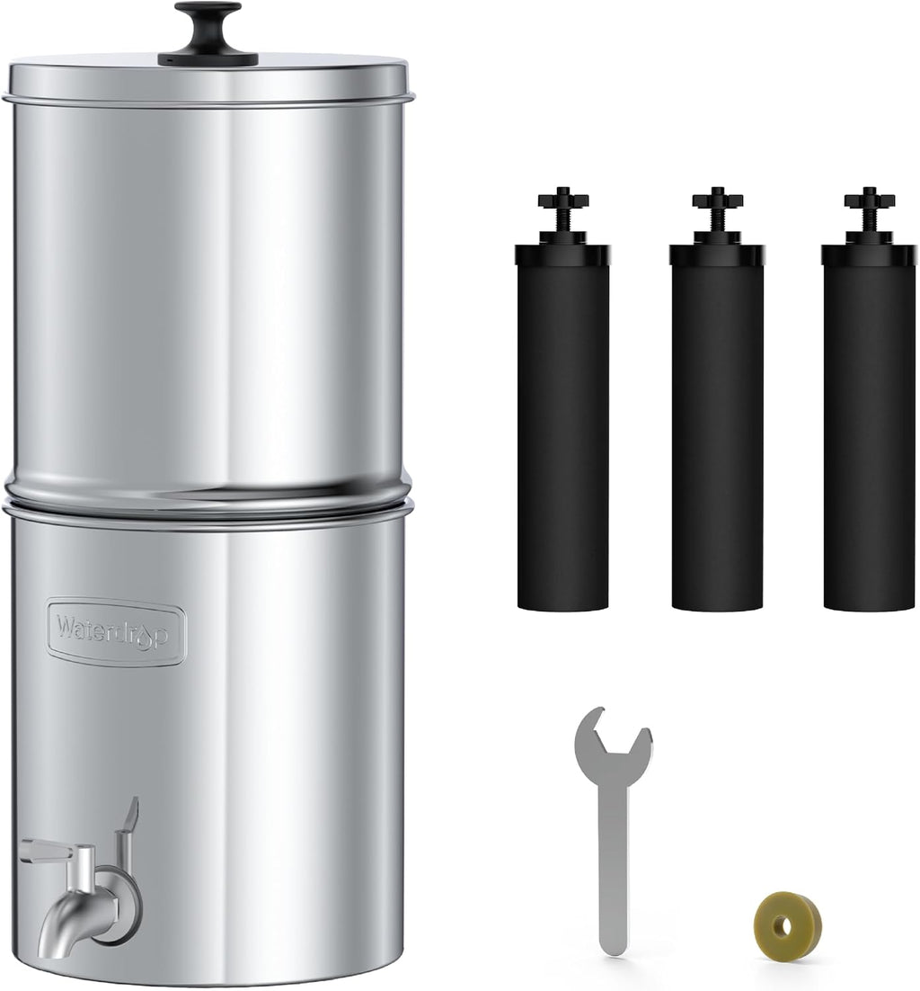 Waterdrop TK-AE Gravity Water Filter System, with 3 Black Carbon Filters and Metal Spigot, 9000 Gallon Longer Lifespan and 150% Faster Flow for Home, Travel, Emergencies, 2.25G